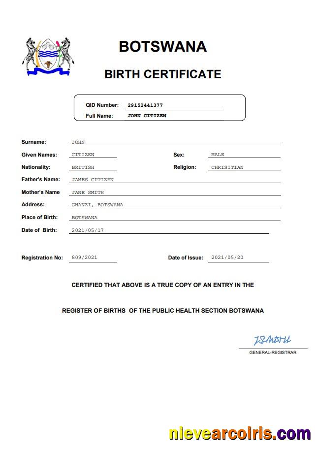 Botswana birth certificate